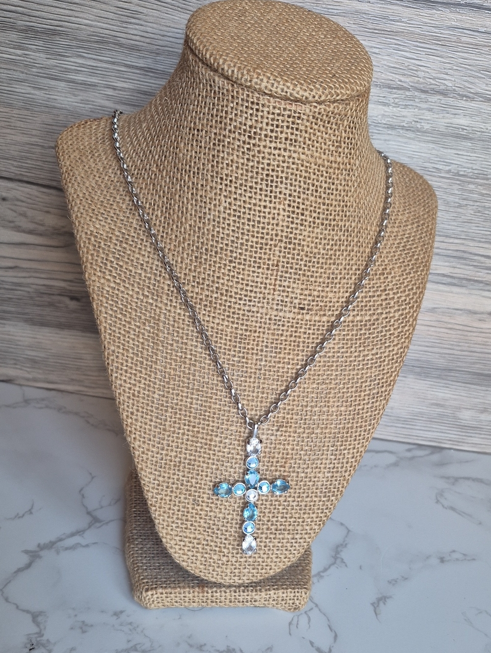 Swarovski Silver Blue Crystal Cross Necklace